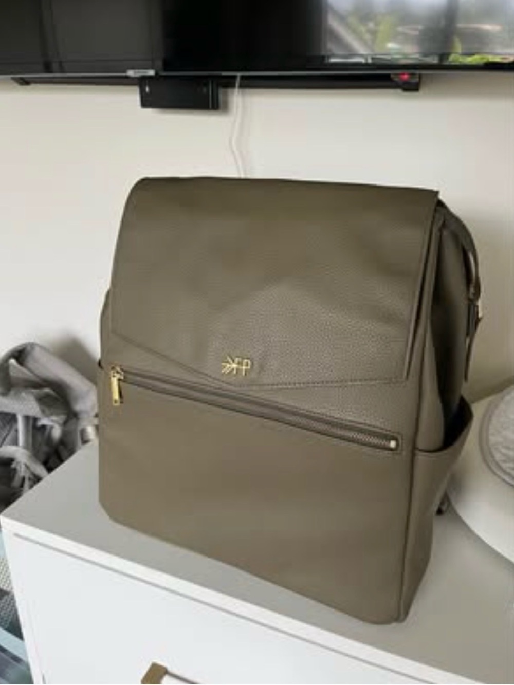 Freshly Picked Classic Leather Diaper Bag, Sage, EUC
